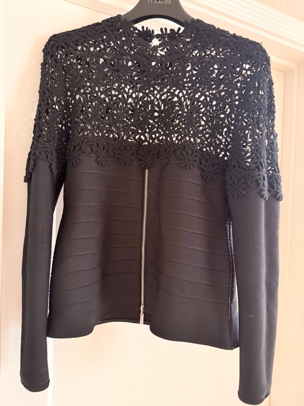 Custom top - Herve Leger body-con body with wool French lace neckline and sleeve